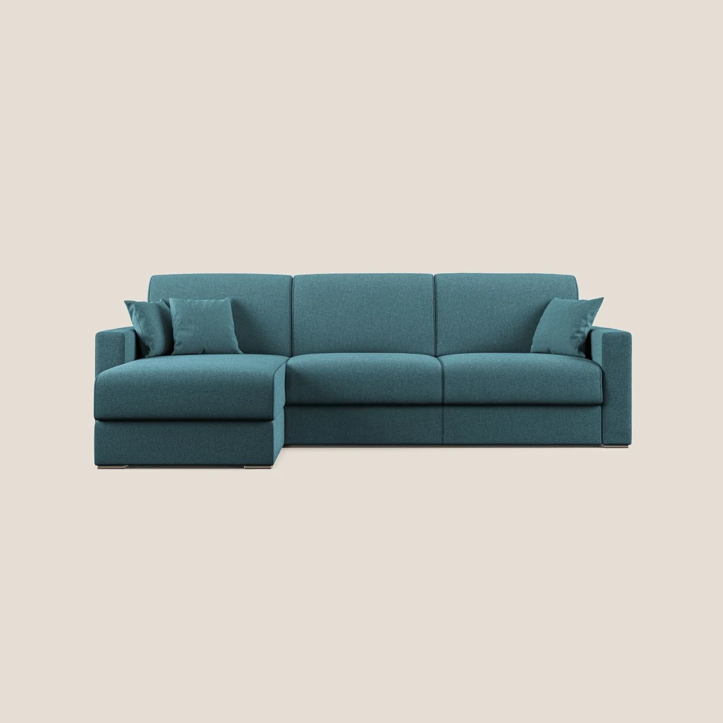 Best Divano letto angolare con penisola in tessuto smacchiabile QuickClean T08 azzurro 298 cm Destro (mat. 160x197)