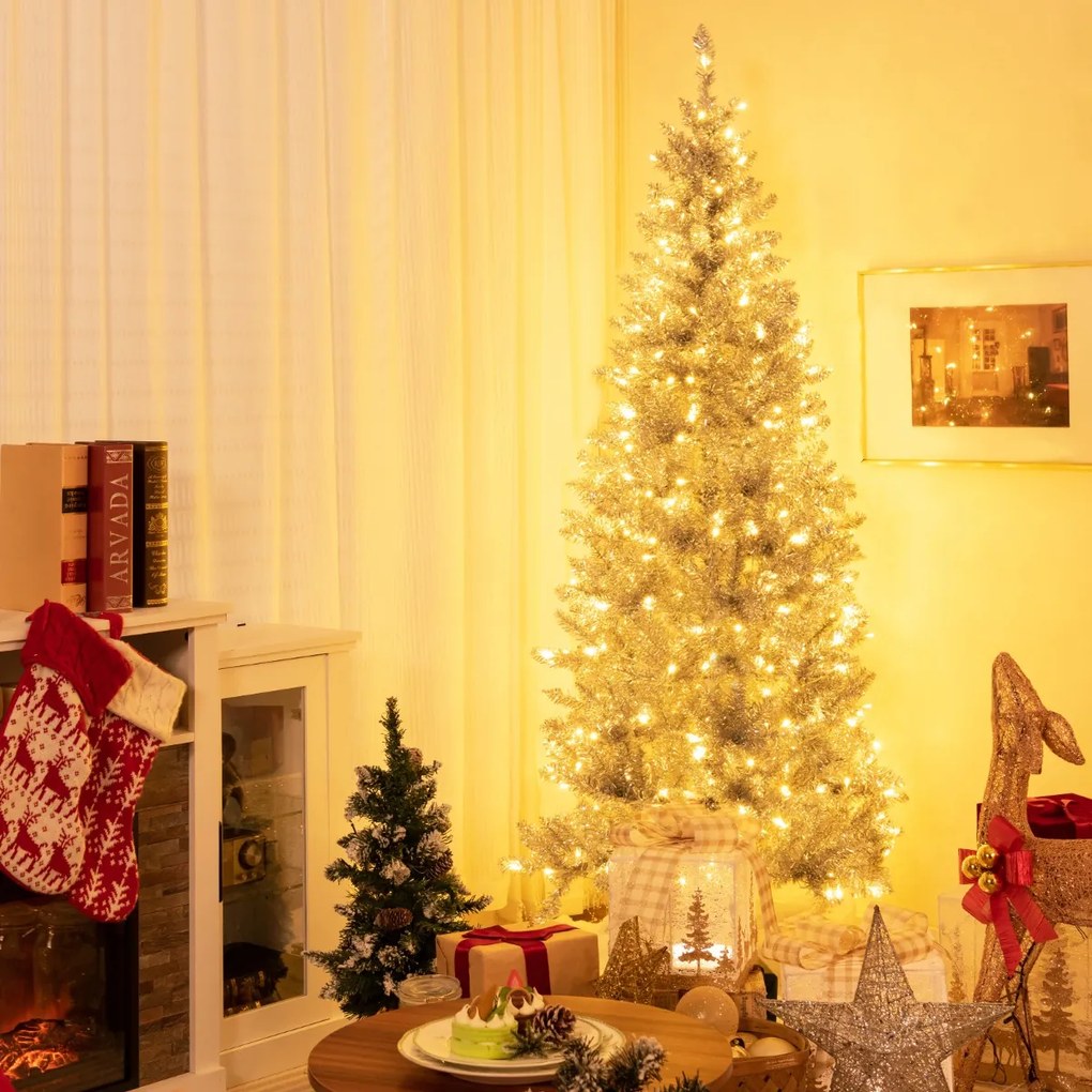 Costway Albero di Natale artificiale argentato con 790 rametti 300 luci a LED supporto pieghevole, Decorazione natalizia 180cm