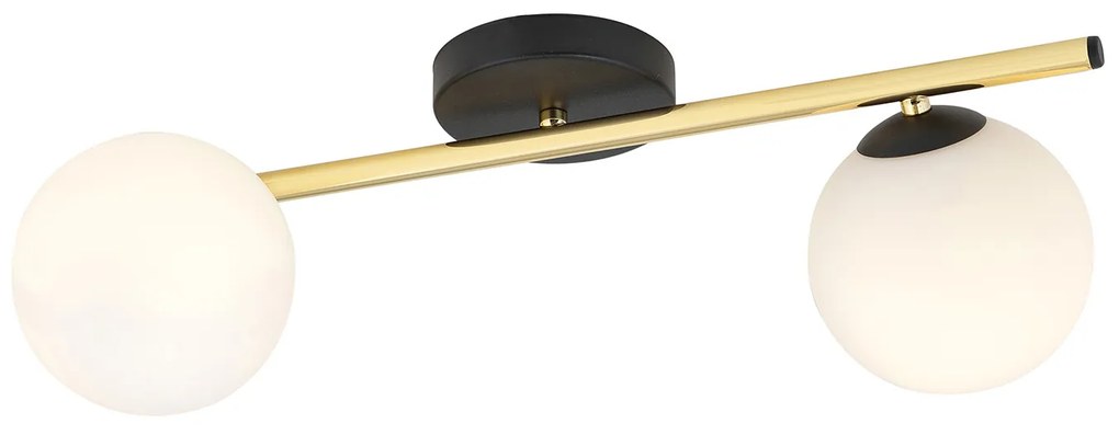 Plafoniera Contemporanea 2 Luci Eracle In Acciaio Oro/Nero E Sfere Vetro Bianco