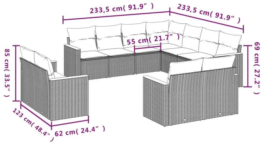 Set Divani da Giardino 11 pz con Cuscini Beige in Polyrattan