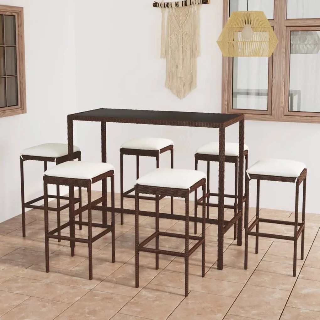 Set da bar da giardino 7 pz con cuscini in polyrattan marrone