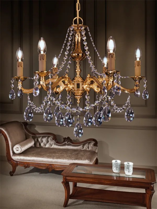 Lampadario 6 luci  cristallo e fusione di ottone - 751/C6 - Gold Light and Crystal - Arredo Luce Cromo