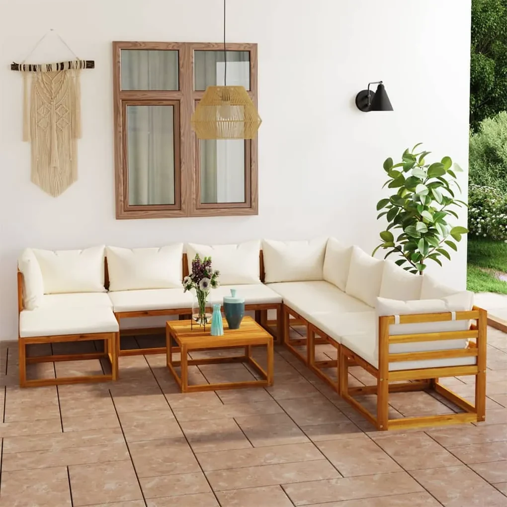 Set divani da giardino 9 pz con cuscini crema in legno acacia