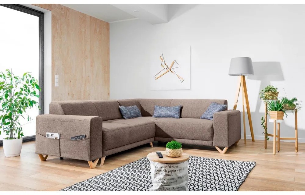 Divano angolare marrone allungabile e con contenitore (con penisola a destra/a L) Classy Sophie – Miuform