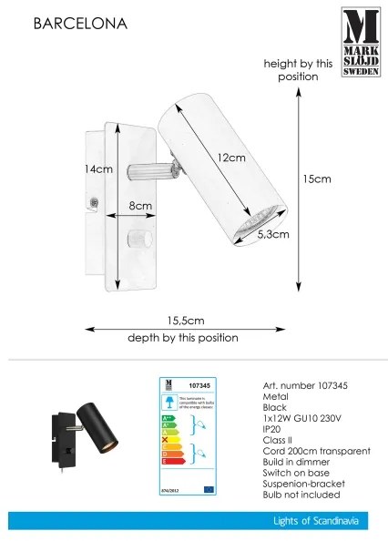 Markslöjd 107345 - Luce Spot da parete dimmerabile BARCELONA 1xGU10/12W/230