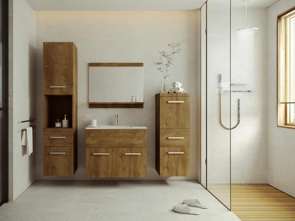 SALDI -  Mobile per bagno sospeso con lavabo singolo, colonne e specchio 60 cm Naturale scuro - CLAUDIA II