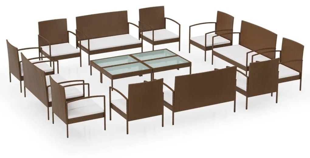 Set divani da giardino 16 pz con cuscini in polyrattan marrone