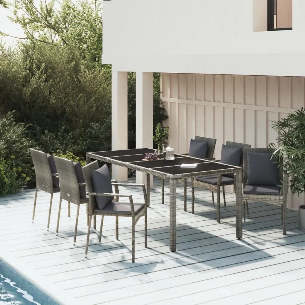 Set da pranzo da giardino 7 pz con cuscini in polyrattan grigio