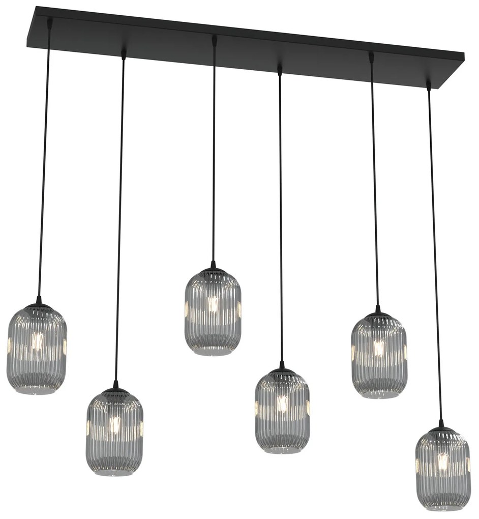 Lampadario 6 Luci Selene In Acciaio Nero E Vetri Plissettati Fumè