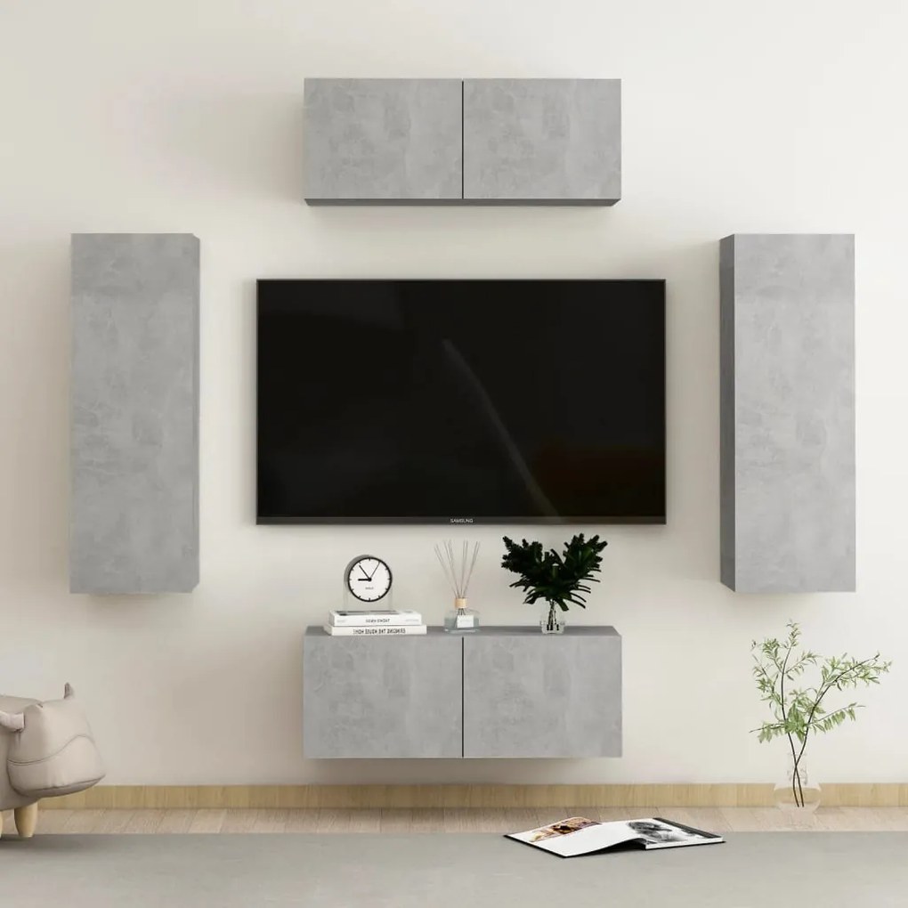 Set porta tv 4 pz grigio cemento in truciolato