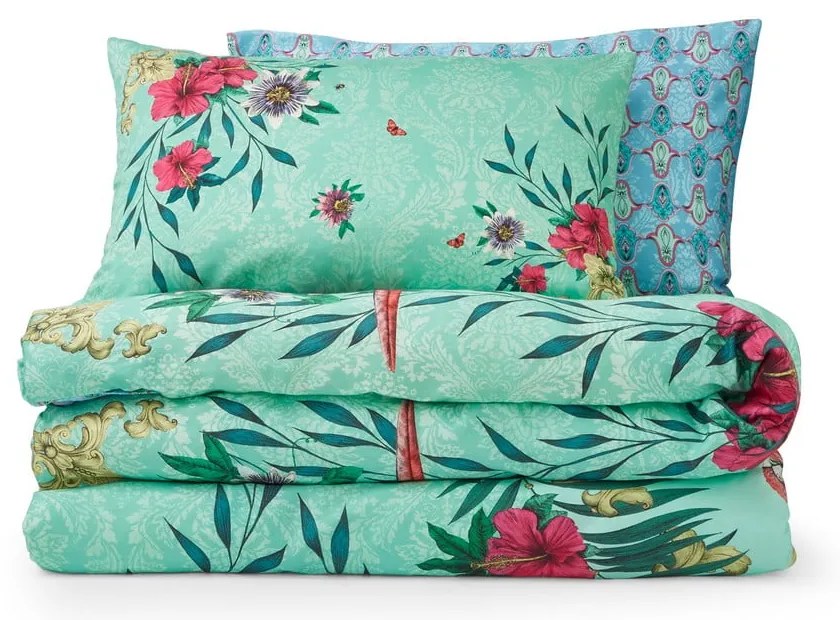 Set copripiumino e federa verde e blu in raso di cotone per letto matrimoniale 200x200 cm Paradise Parrot – Matthew Williamson