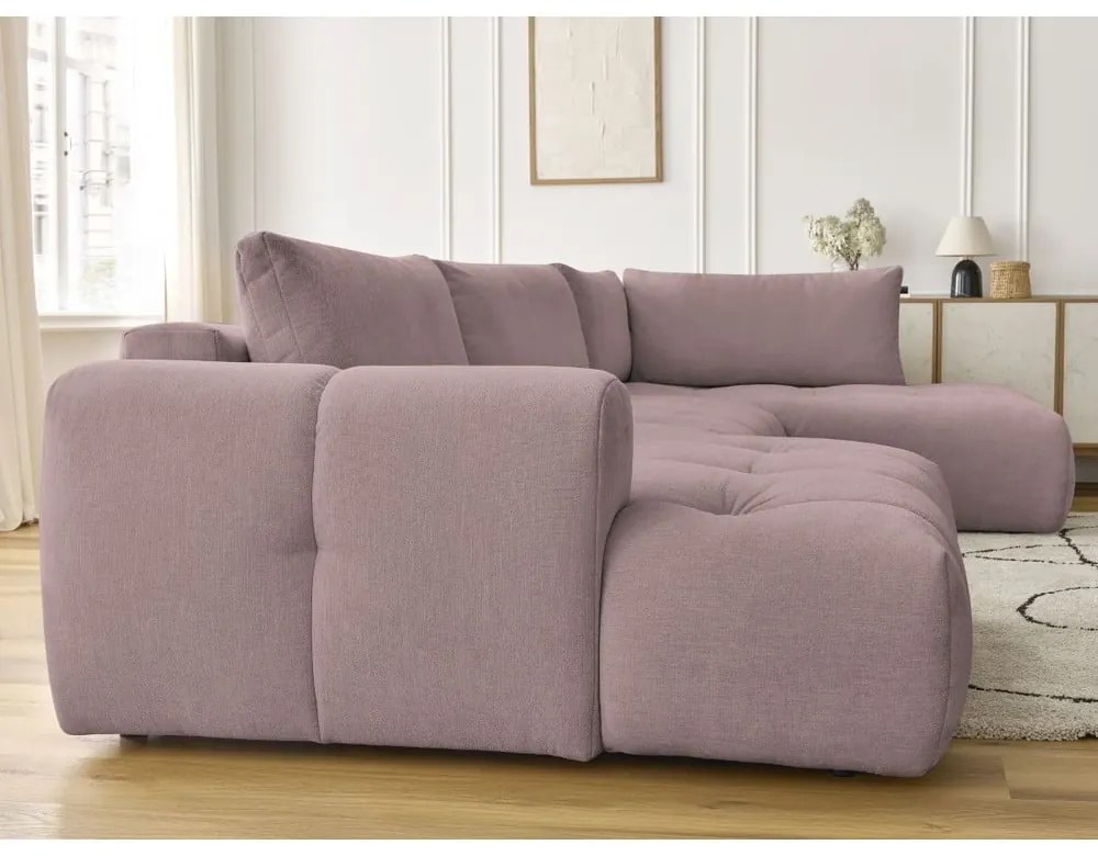 Divano angolare rosa allungabile e con contenitore (penisola a destra/a U) con rivestimento in ciniglia Fuji – Bobochic Paris