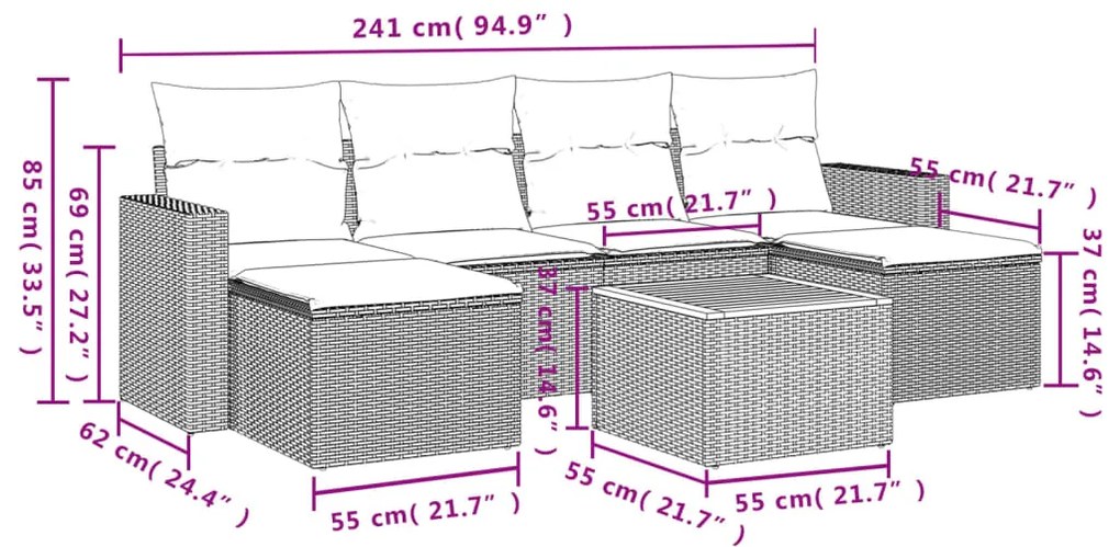Set divani da giardino 7 pz con cuscini grigio in polyrattan