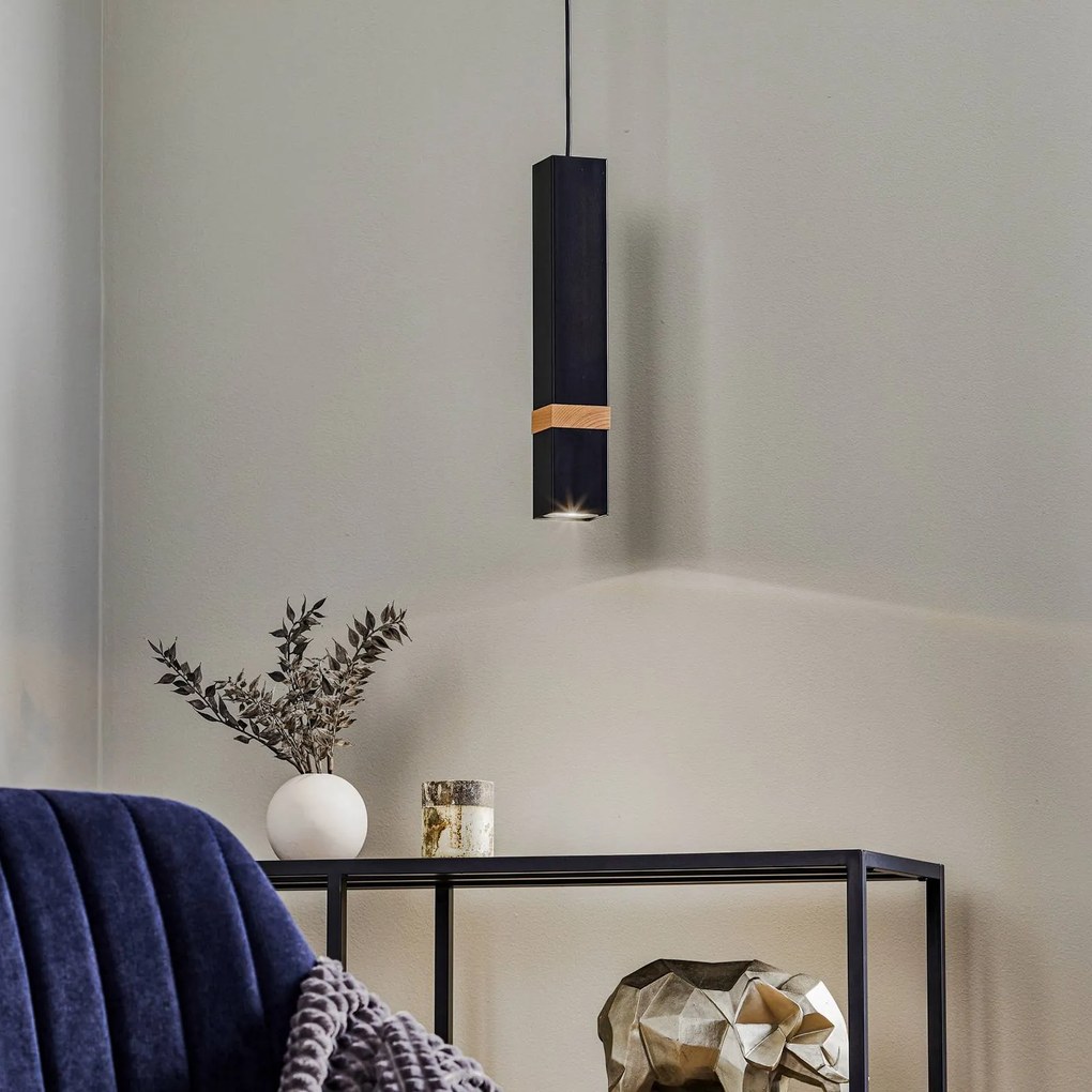Eko-Light Lampada a sospensione Vidar, nera con dettagli in legno, a 1 luce