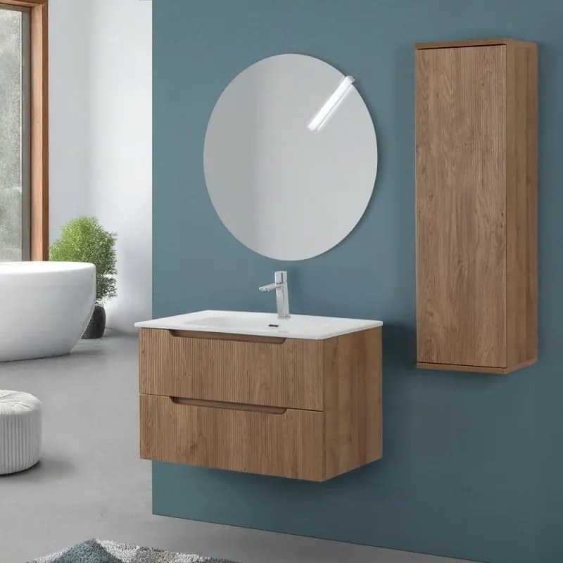 Mobile bagno sospeso 80 rovere cannettato doppi cassetto lavabo e specchio Wise