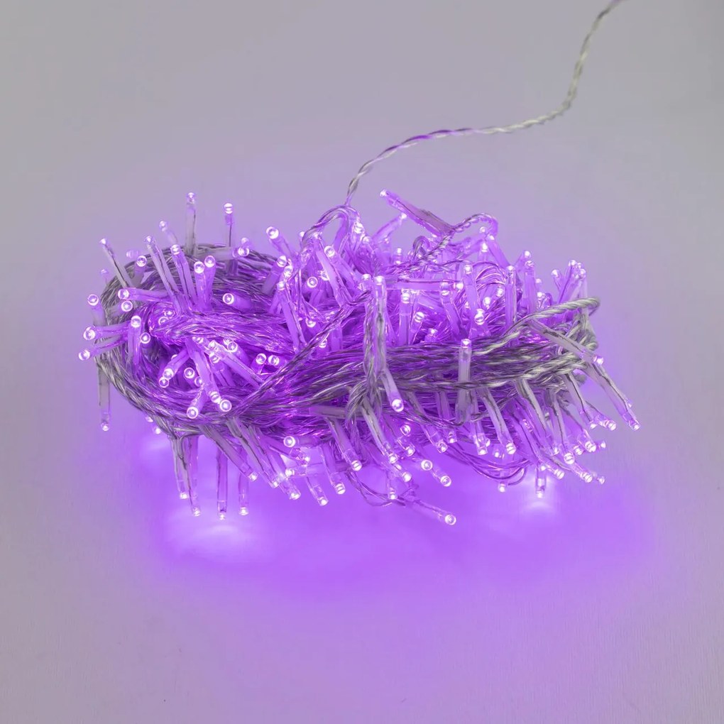 Catenaria Natalizia LED 8 GIOCHI DI LUCE 15m CAVO TRASPARENTE IP44 Luce VIOLA Colore Viola 550 - 570 °K