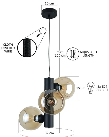 Lampadario a sospensione con filo TUBE 3xE27/60W/230V nero/fumé beige