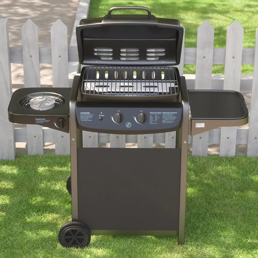 Barbecue A Gas Con Fuoco Bruciatore Laterale BBQ Con Coperchio Termometro Griglia Piano Di Appoggio Grill Compatto Con Ruote e Struttura In Acciaio Giardino Esterno Piscina 112 x 52.5 x 96.5 Cm Nero