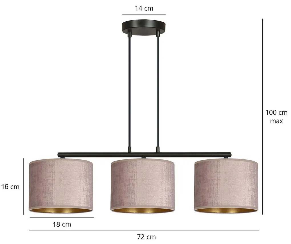 Lampadario 3 Luci Ganesha In Acciaio Nero E Paralumi In Tessuto Rosa