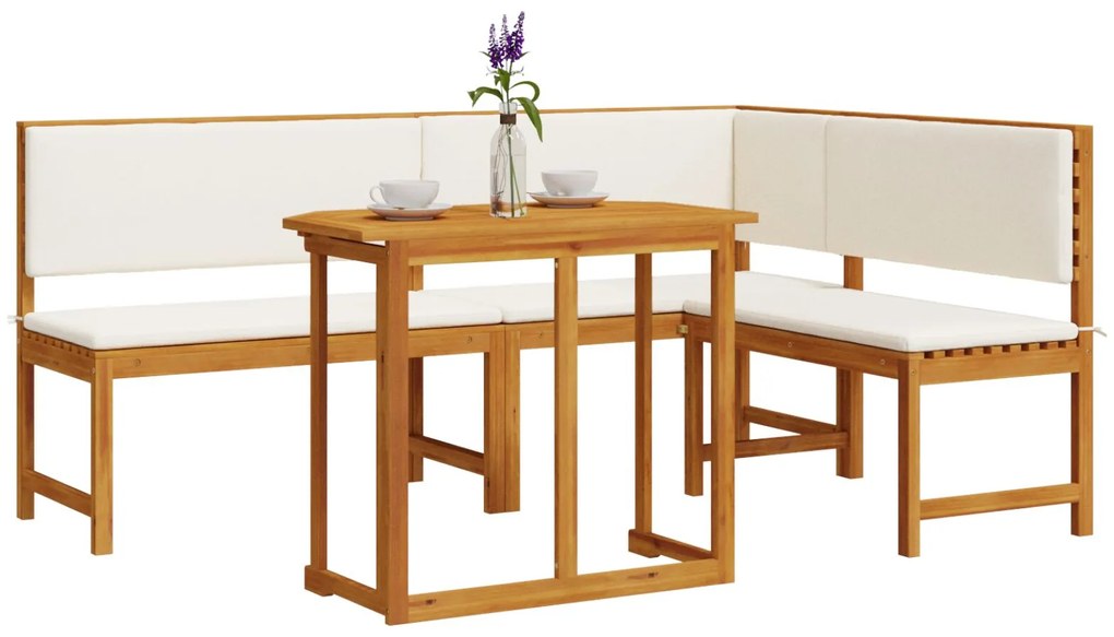 Set bistro da giardino 3 pezzi con cuscini in legno massello di acacia