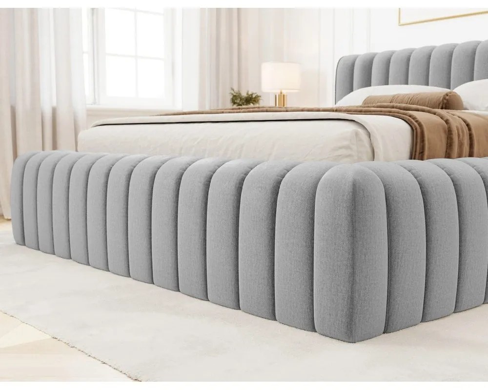 Letto matrimoniale imbottito grigio chiaro con contenitore e rete inclusi 160x200 cm Carilla – ELTAP
