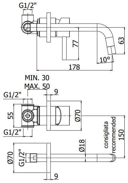 Paffoni Light Lig007st70 Miscelatore Lavabo Ad Incasso Con Piastra e Bocca 245 Mm Steel Looking Acciaio