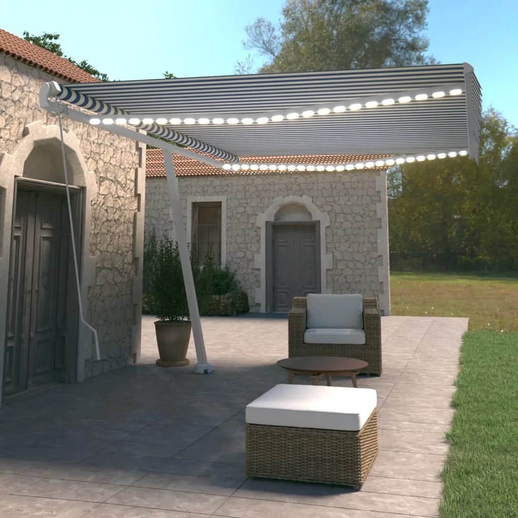 Tenda Da Sole Retrattile Manuale Led 500x350 Cm Blu E Bianca /