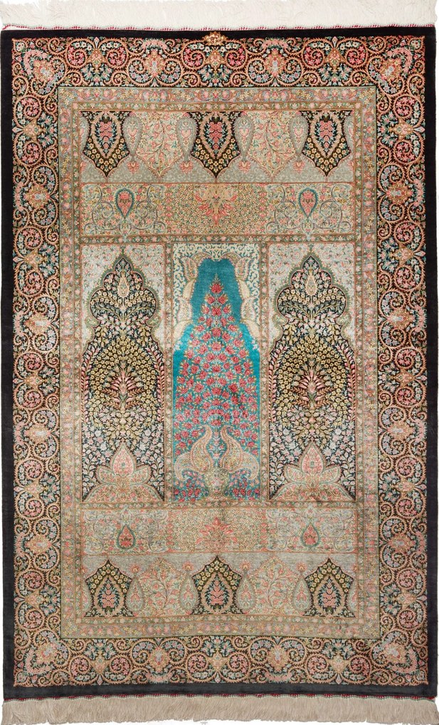 Ghom Tappeto 110 x 160 Verde (Iran) Annodato A Mano