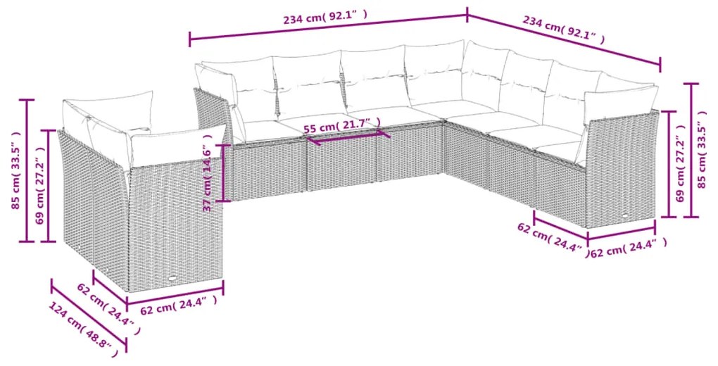 Set divani da giardino 9pz con cuscini marrone in polyrattan