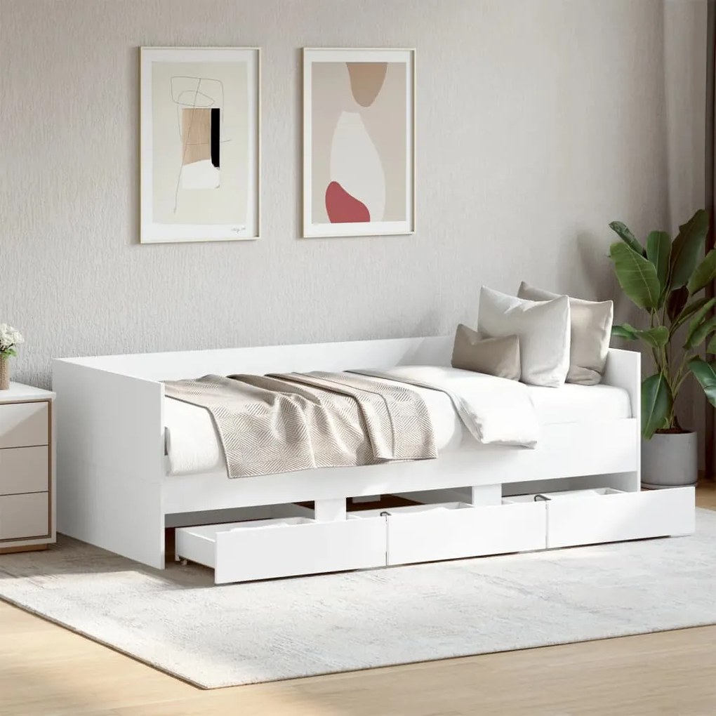 Divano letto con cassetti bianco 90x190 cm in legno multistrato