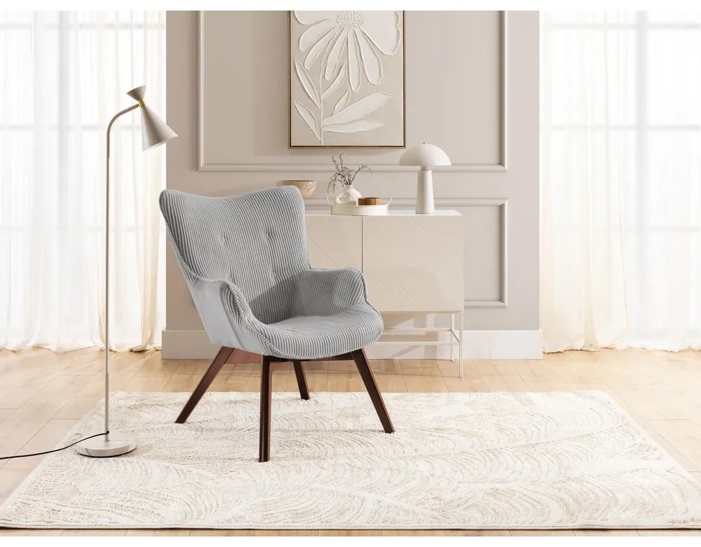 Poltrona con poggiapiedi grigia con rivestimento in velluto a coste Niko – Ropez