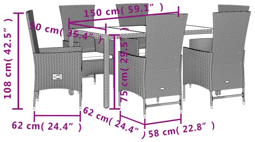 Set da pranzo da giardino 7 pz con cuscini beige in polyrattan