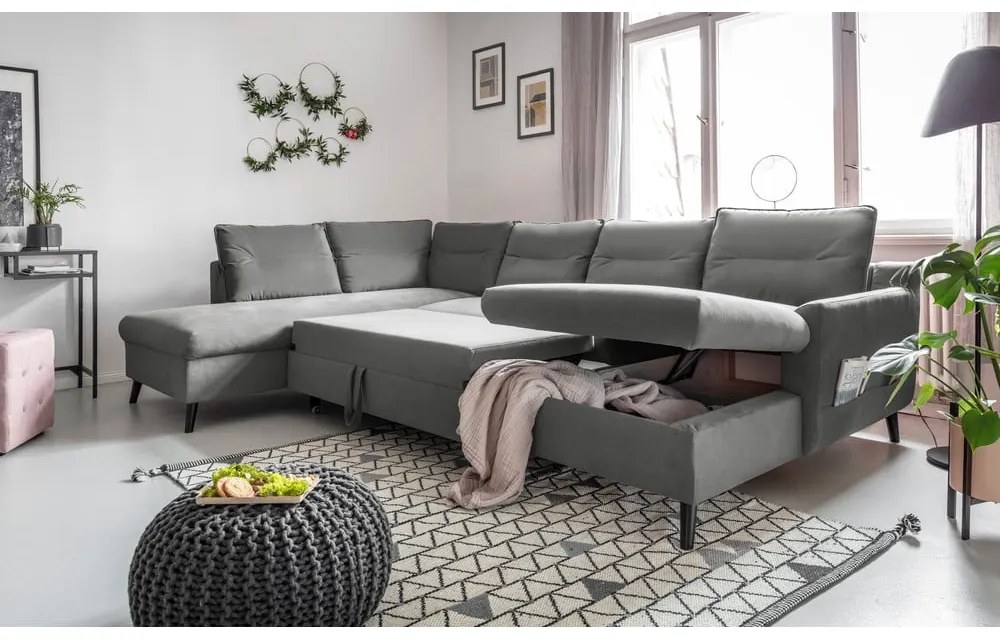 Divano letto a U in velluto grigio chiaro, angolo sinistro Stylish Stan - Miuform