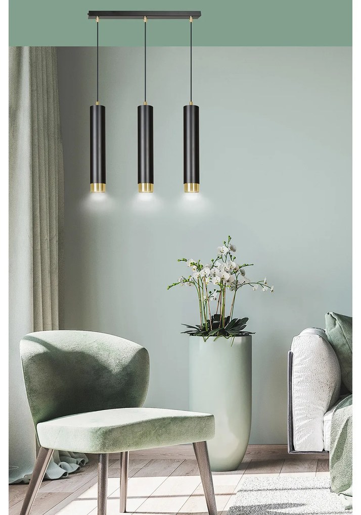 Lampadario 3 Luci Brunilde In Acciaio Nero E Tubolari In Nero E Oro
