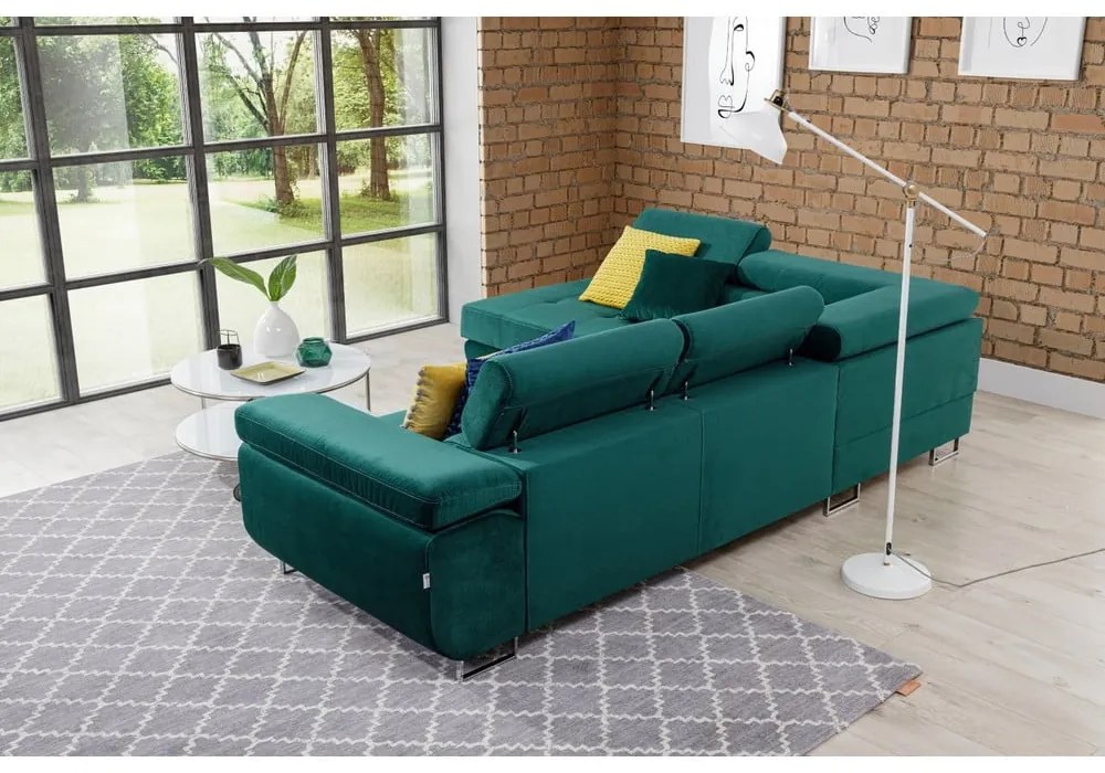 Divano angolare verde allungabile/con contenitore (con penisola a sinistra/a L) e rivestimento in velluto Anton – ELTAP