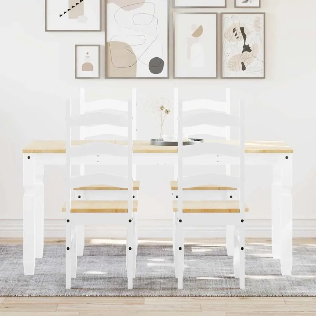 Set Da Pranzo 5 Pz Panama Bianco İn Legno Massello Di Pino /