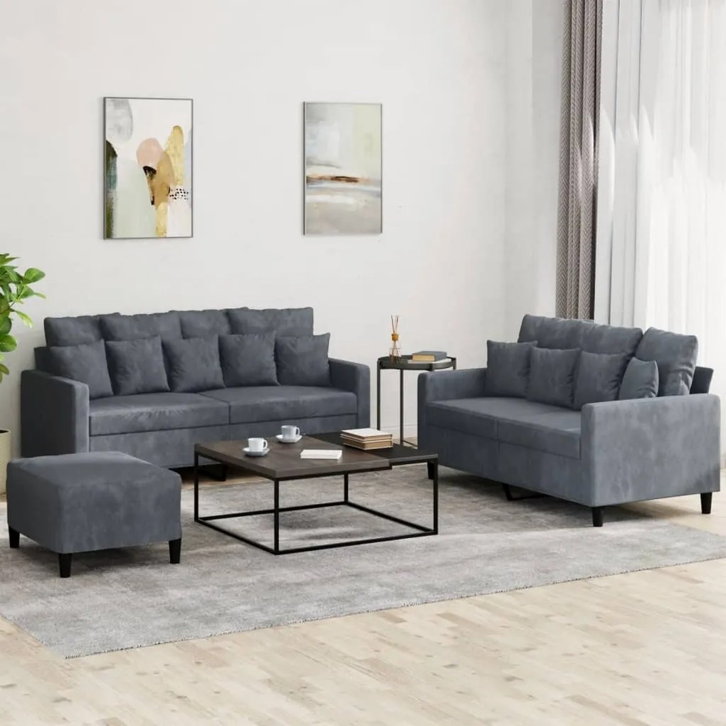 Set Di Divani 3 Pz Con Cuscini Grigio Scuro İn Velluto /