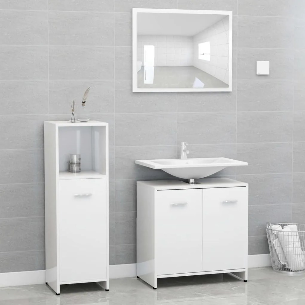 Set mobili da bagno 3 pz bianco lucido in truciolato