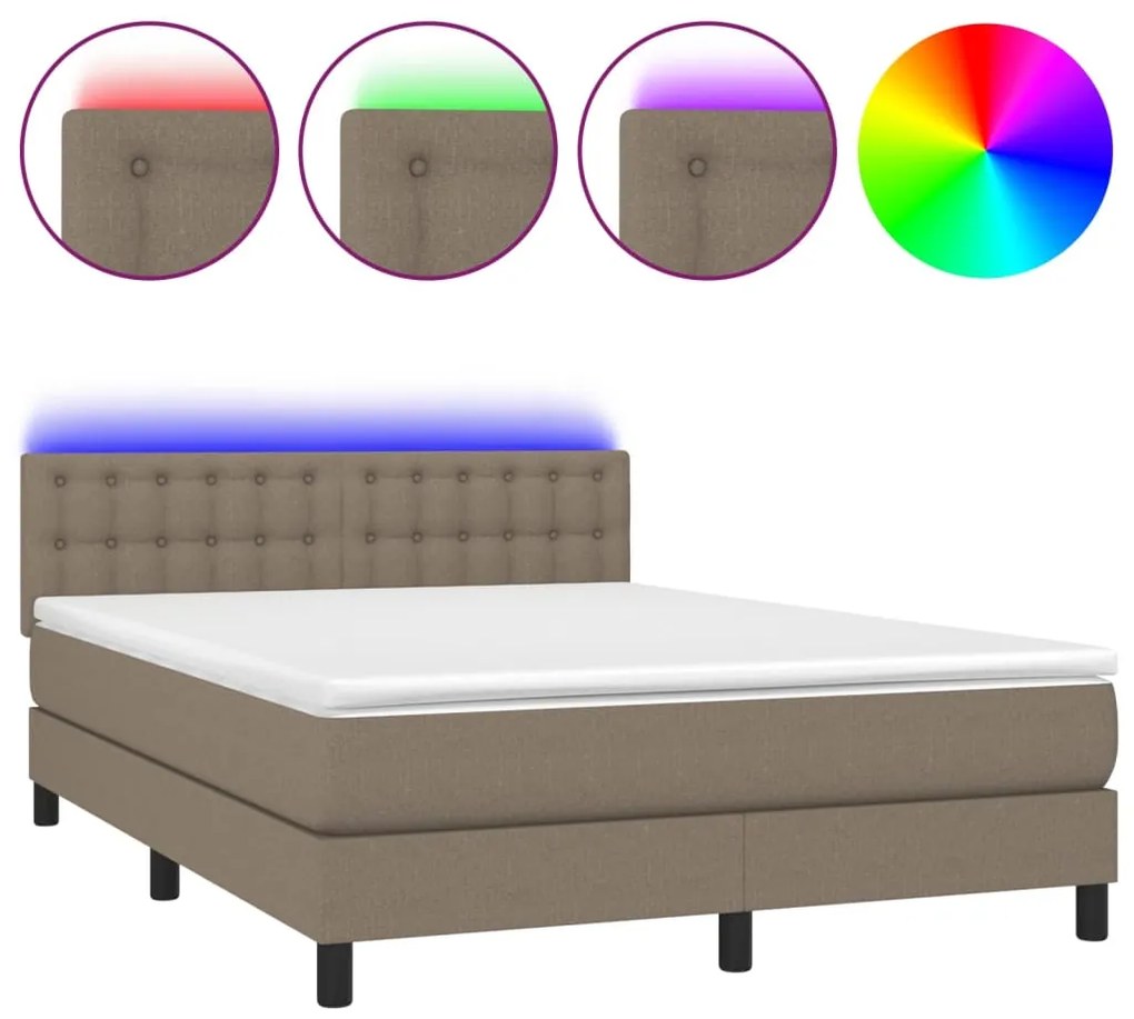 Letto a molle con materasso e led tortora 140x200 cm in tessuto