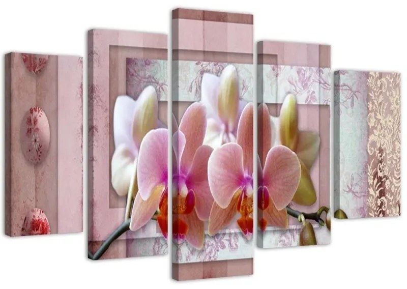 Quadri Quadro 5 pezzi Stampa su tela Orchidee a fiore rosa  Dimensioni Tappeti 200x100