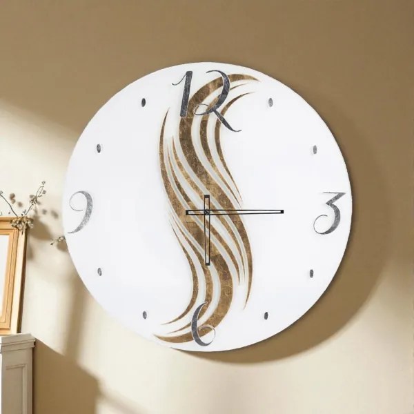 Orologio da Parete Rotondo SOFFY Ř 65 cm - Vetro Bianco e Onde Oro