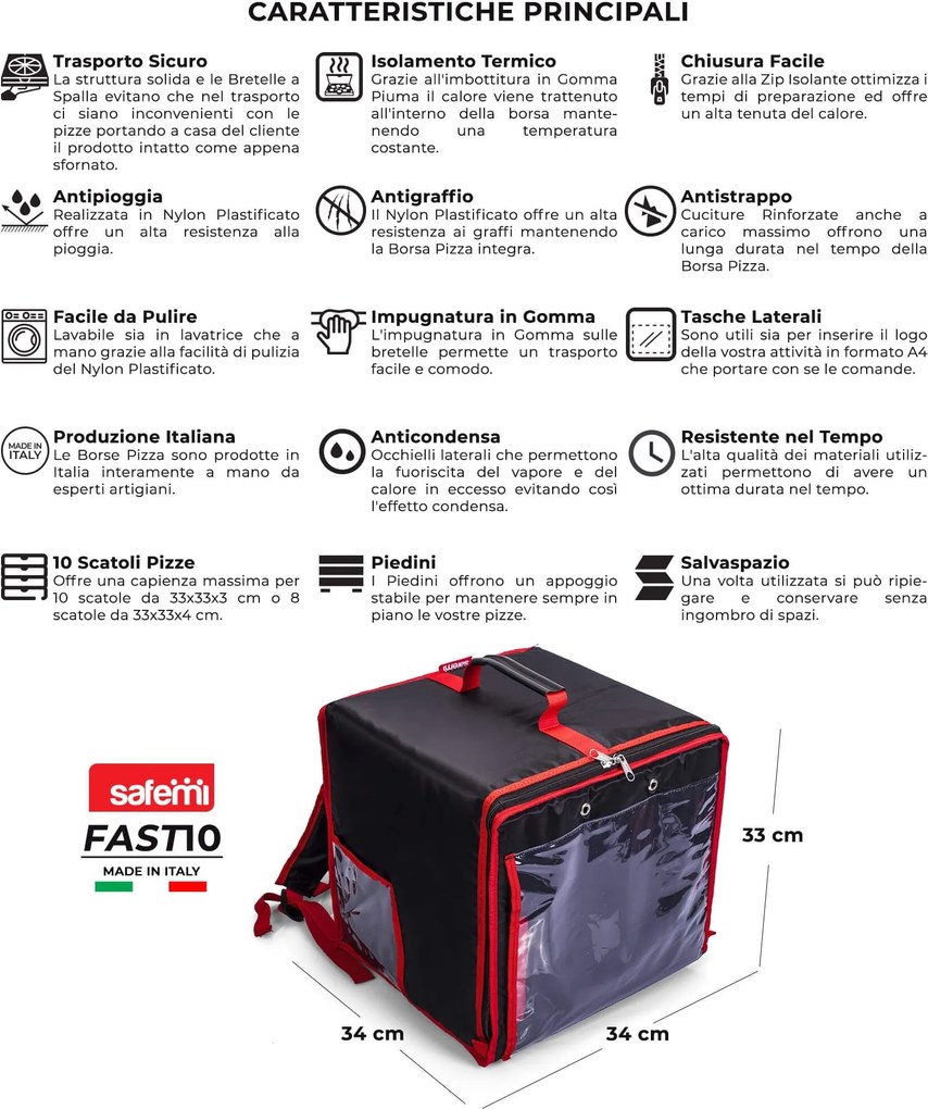 Zaino Borsa Termica Porta Pizze da asporto 10 Cartoni Safemi Fast 10 Nero...