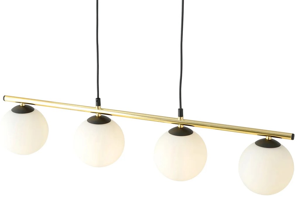 Sospensione Contemporanea 4 Luci Odisseo In Acciaio Oro Nero E Sfere Vetro Bianco