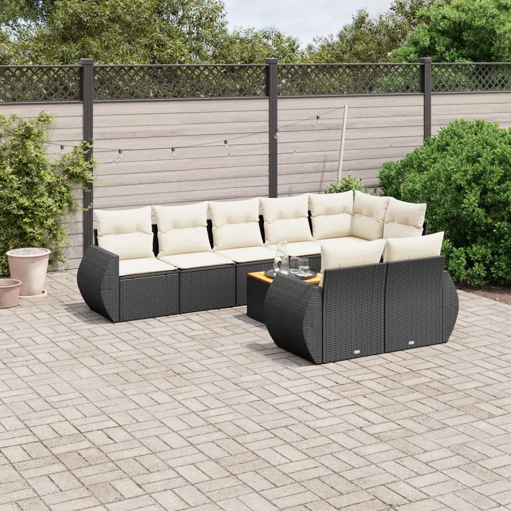 Set divani da giardino 9 pz con cuscini nero in polyrattan