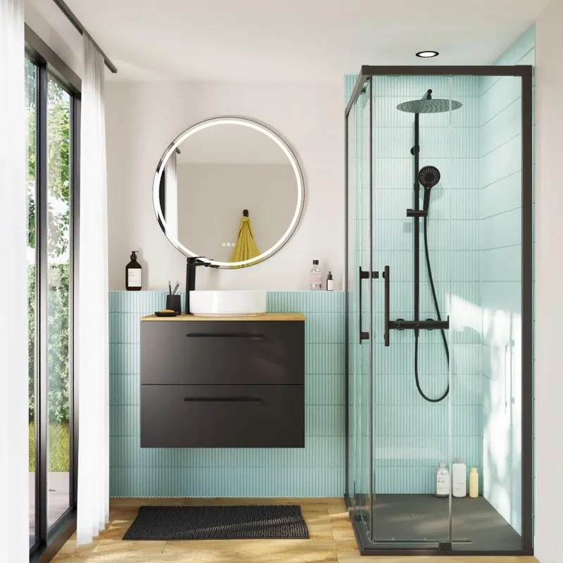 Box doccia con ingresso angolare scorrevole Remix2 rettangolare L 70 x L 90 x H 195 cm in vetro, sp. 6 mm nero