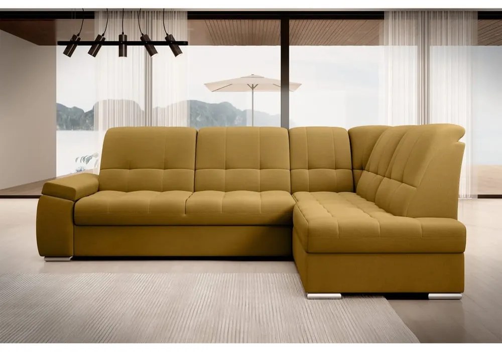 Divano angolare giallo allungabile/con contenitore (con penisola a destra/a L) e rivestimento in velluto Sado – ELTAP