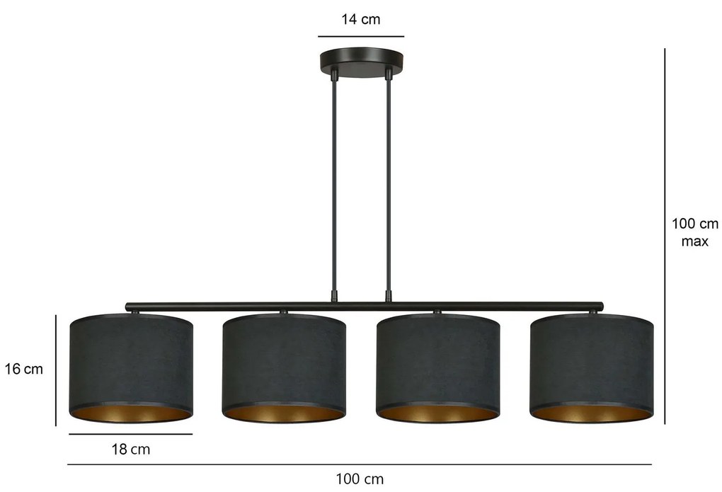 Lampadario 4 Luci Hilde In Acciaio Nero E Paralumi In Tessuto Nero