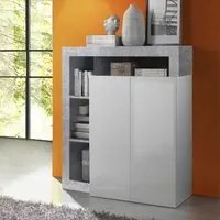 Madia alta di design con 2 ante in finitura bianco laccato lucido e Cemento, ZLCHNMADAA2O-1-CE