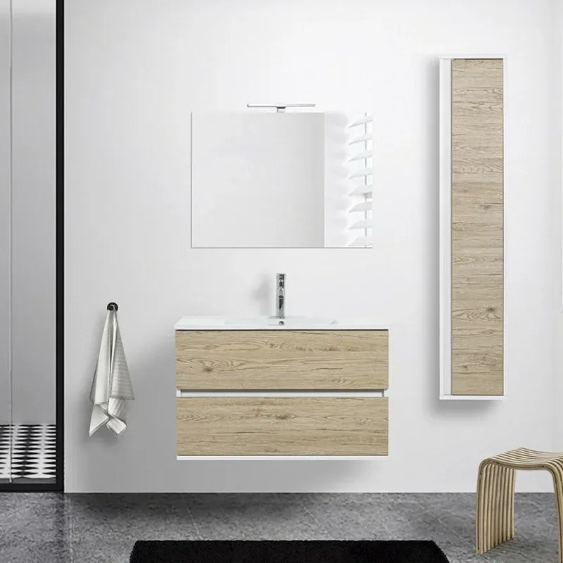 Mobile bagno sospeso 90 cm Duble rovere africa completo di lavabo e specchio