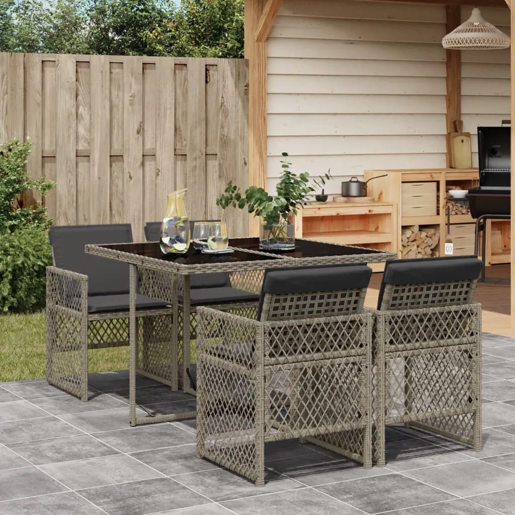 Set da pranzo da giardino 5 pz con cuscini in polyrattan grigio